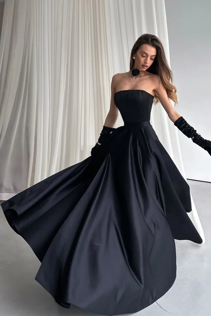 Elegant Satin A-Line Strapless Empire Leg Slit Party Prom Dress