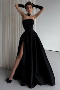 Elegant Satin A-Line Strapless Empire Leg Slit Party Prom Dress