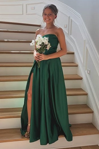 Elegant Satin A-Line Strapless Empire Party Prom Dress With Leg Slit 