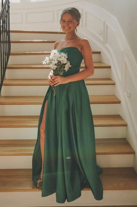 Elegant Satin A-Line Strapless Empire Party Prom Dress With Leg Slit 