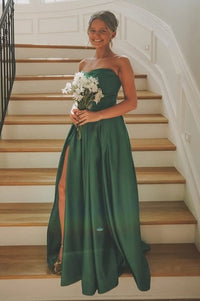 Elegant Satin A-Line Strapless Empire Party Prom Dress With Leg Slit 