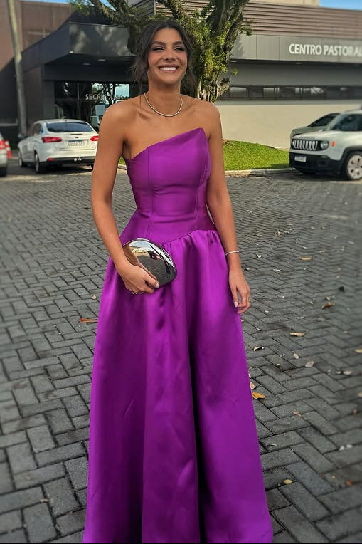 Elegant Satin A-Line Strapless High Waist Maxi Party Prom Dress