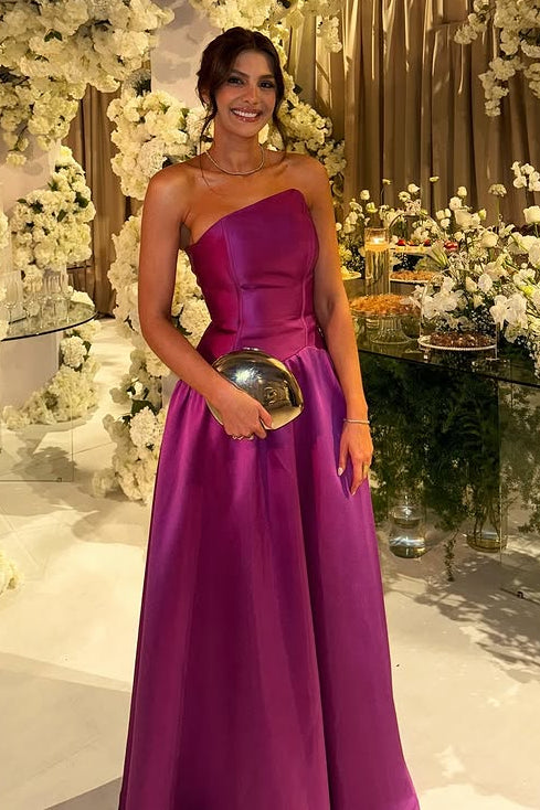 Elegant Satin A-Line Strapless High Waist Maxi Party Prom Dress
