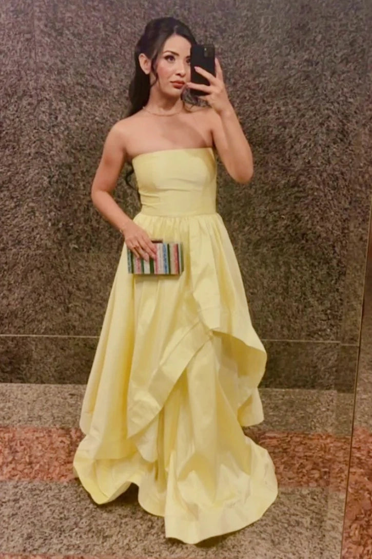 Elegant Satin A-Line Strapless High Waist Tiered Party Prom Dress 
