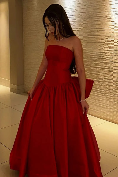 Elegant Satin A-Line Strapless Prom Evening Dress With Bow 