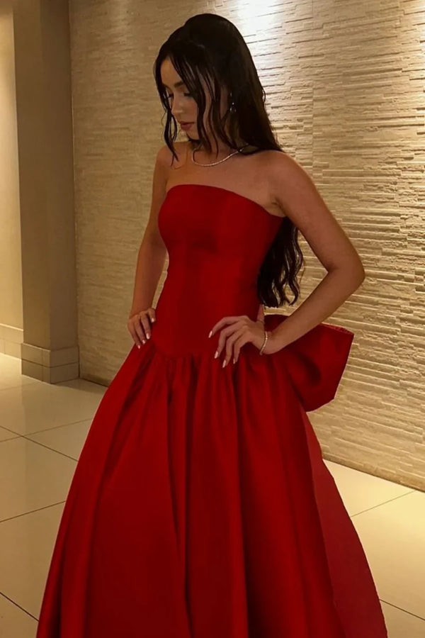 Elegant Satin A-Line Strapless Prom Evening Dress With Bow 