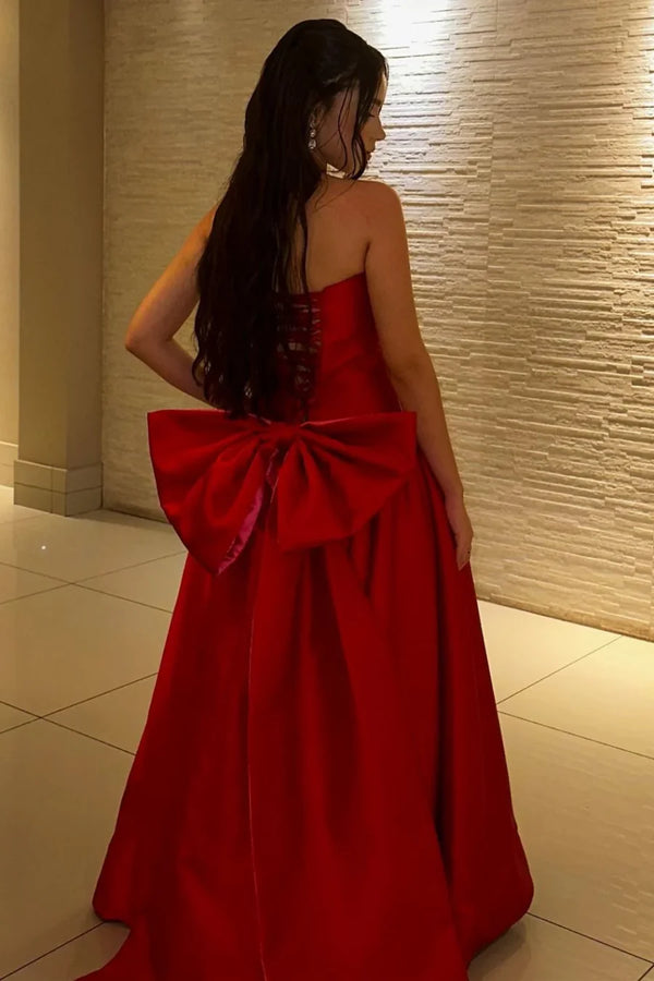 Elegant Satin A-Line Strapless Prom Evening Dress With Bow 