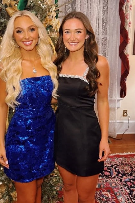 Elegant Satin Fitted Pearl Straps Black Party Homecoming Dress