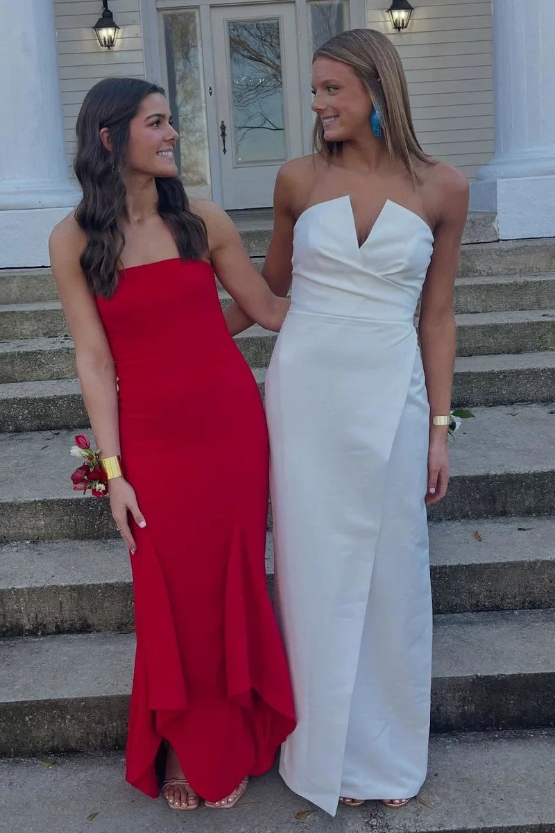 Elegant Satin Fitted Strapless High Waist Party Prom Dress