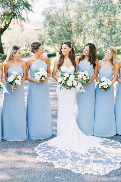Elegant Satin Halter Sleeveless A-Line Long Bridesmaid Dress