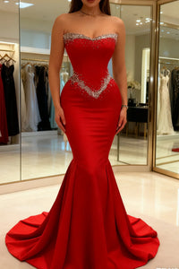 Elegant Satin Mermaid Beaded Empire Strapless Party Prom Dress
