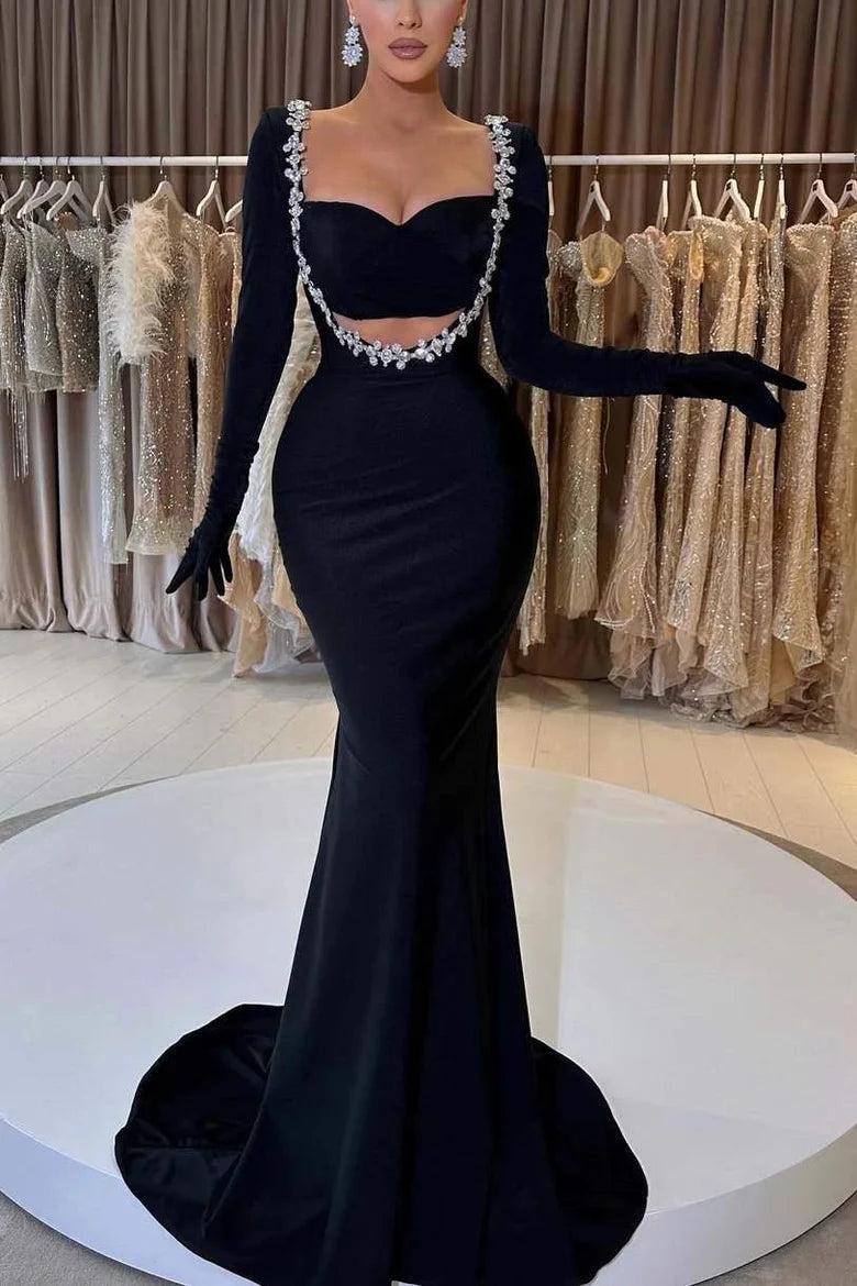 Elegant Satin Mermaid Long Sleeves Beaded Maxi Party Prom Dress 