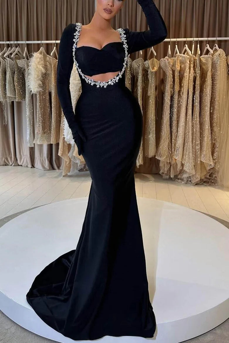 Elegant Satin Mermaid Long Sleeves Beaded Maxi Party Prom Dress 