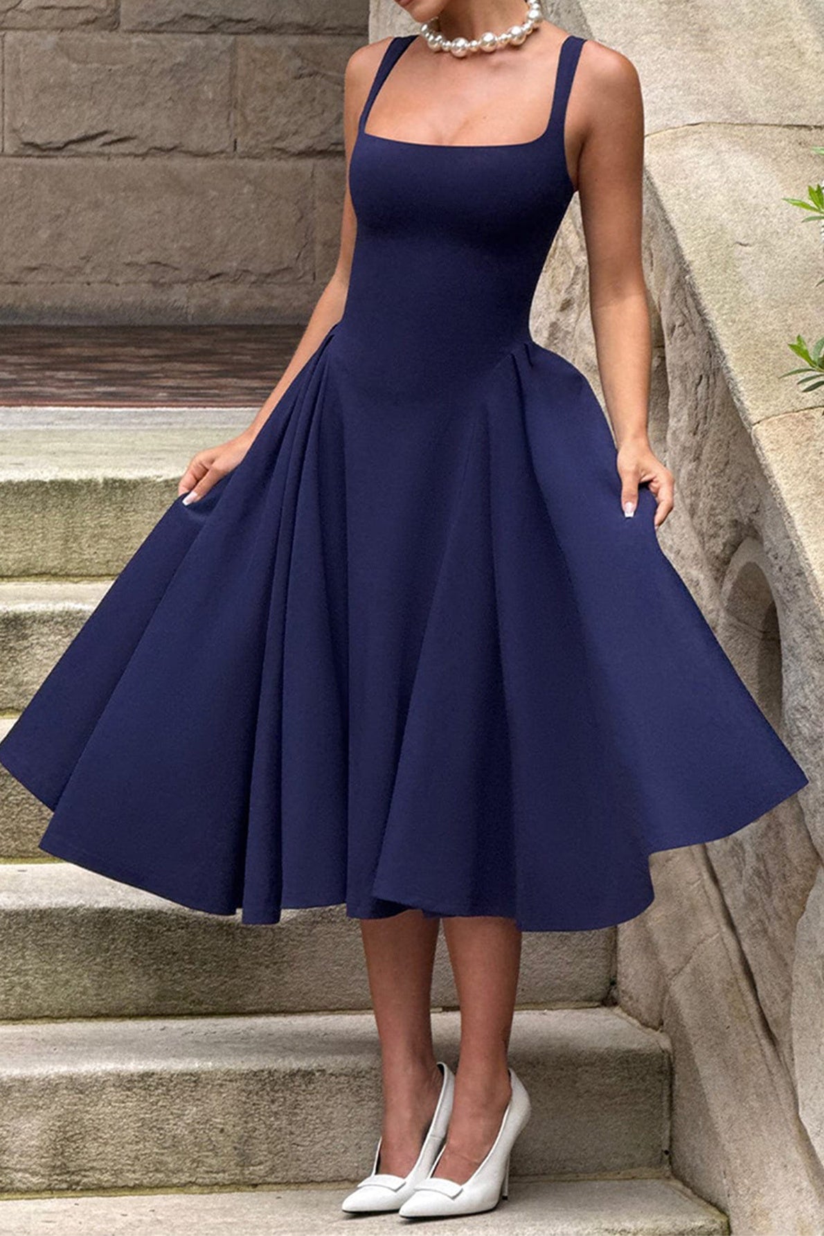 Elegant Square Sleeveless A-Line Satin Midi Party Evening Dress 