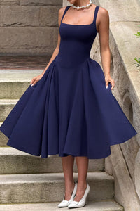 Elegant Square Sleeveless A-Line Satin Midi Party Evening Dress 