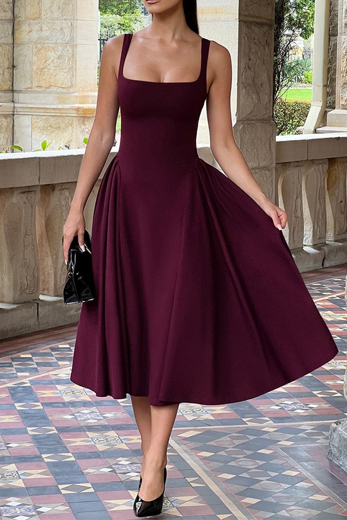 Elegant Square Sleeveless A-Line Satin Midi Party Evening Dress 