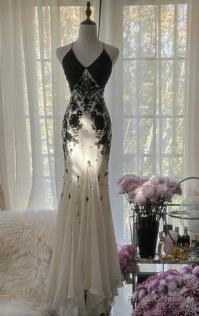 Elegant V-Neck Sleeveless Lace Appliques Chiffon Party Prom Dress 