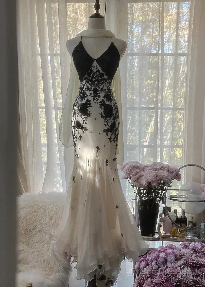 Elegant V-Neck Sleeveless Lace Appliques Chiffon Party Prom Dress 