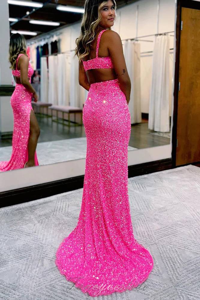 V-Neck Hot Pink Sequined Prom Dress with Slit FancyVestido V-Neck Hot Pink Sequined Prom Dress with Slit FancyVestido