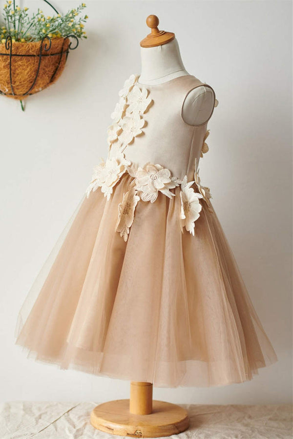 Custom Order A-Line Champagne Flower Girl Dress with Flowers
