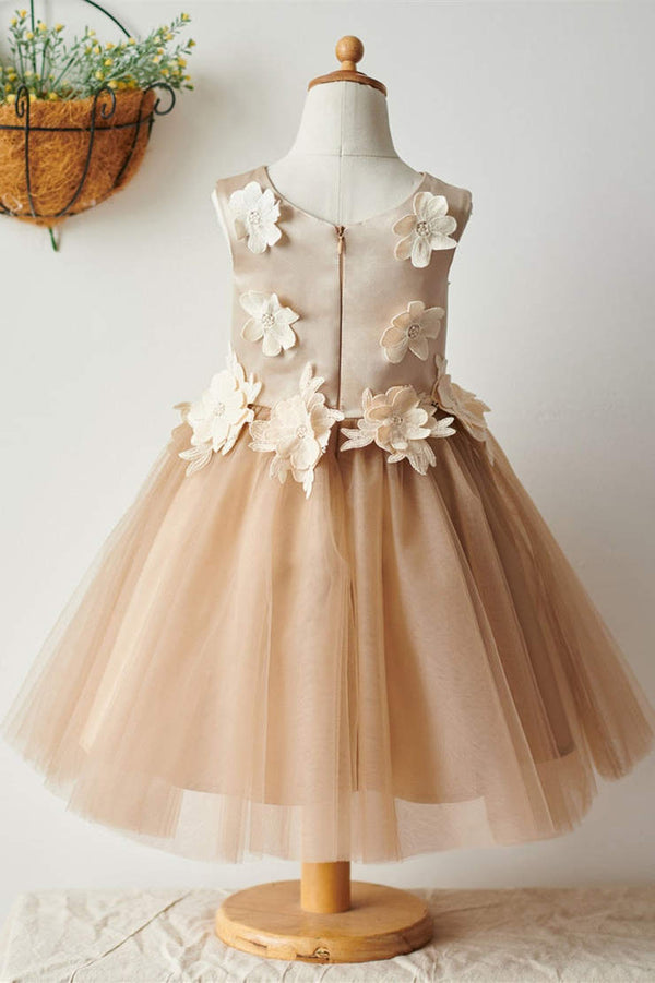 Custom Order A-Line Champagne Flower Girl Dress with Flowers