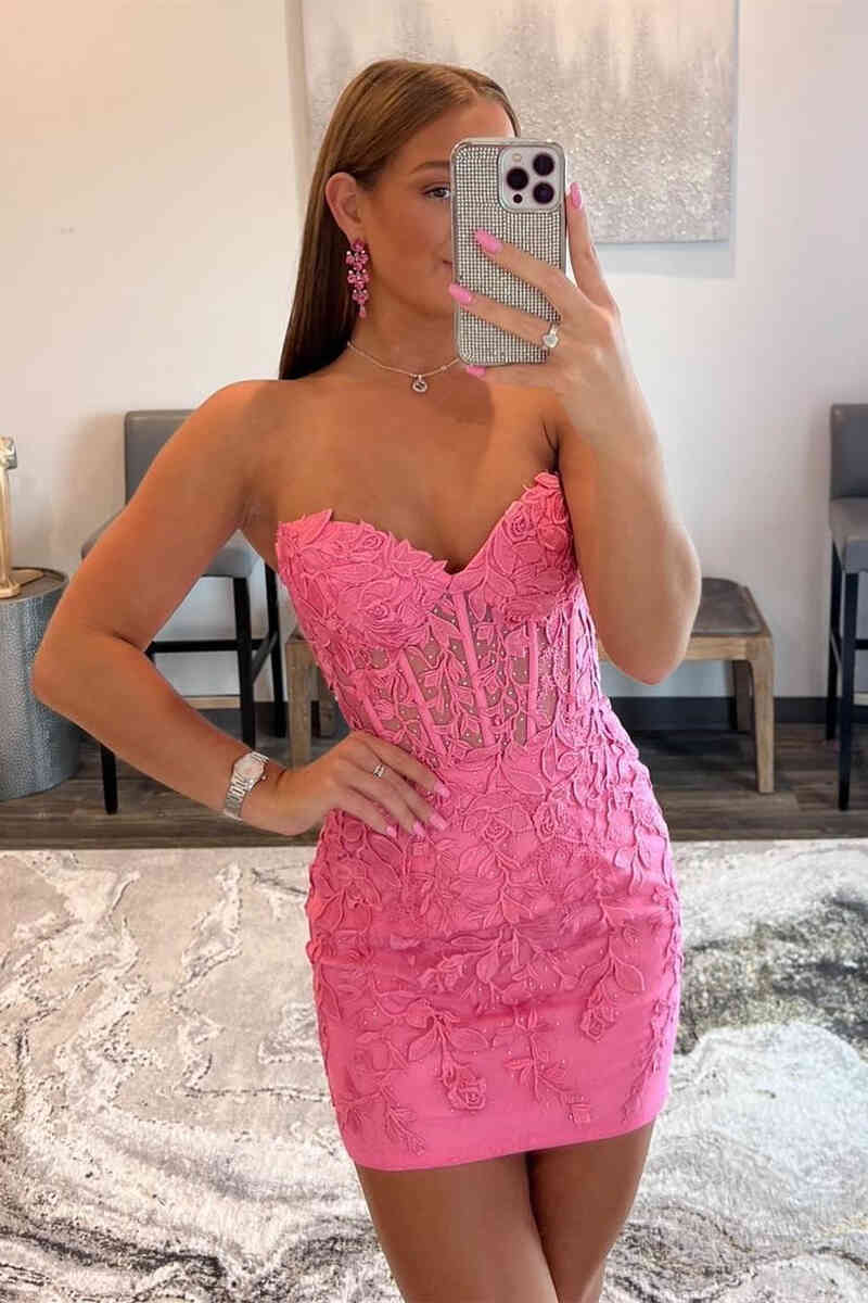 Lace-Up Hot Pink Corset Appliqued Bodycon Homecoming Dress