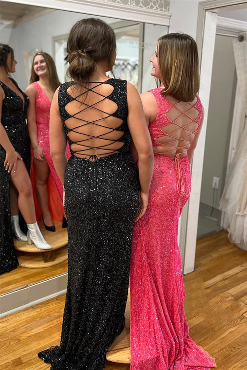 V-Neck Fitted Lace-Up Back Sequins Long Prom Dress with Slit