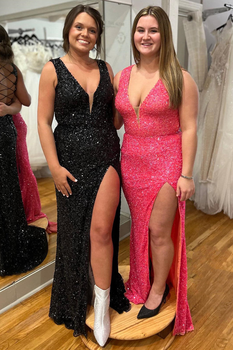 V-Neck Fitted Lace-Up Back Sequins Long Prom Dress with Slit