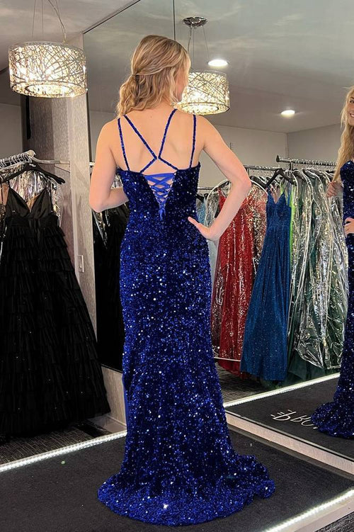 Royal Blue Halter Straps Sequins Mermaid Long Prom Dress with Slit