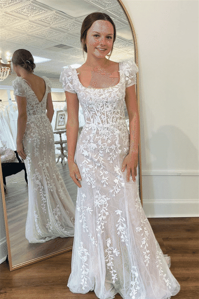 Light Blue Square Neck Puff Sleeves Appliques Tulle Long Prom Dress