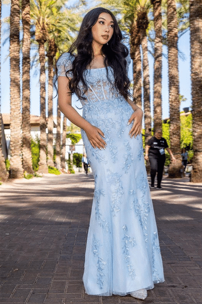 Light Blue Square Neck Puff Sleeves Appliques Tulle Long Prom Dress