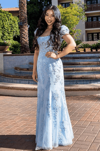 Light Blue Square Neck Puff Sleeves Appliques Tulle Long Prom Dress