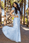 Light Blue Square Neck Puff Sleeves Appliques Tulle Long Prom Dress