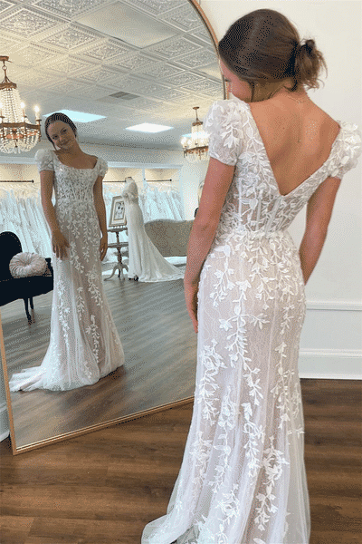 Light Blue Square Neck Puff Sleeves Appliques Tulle Long Prom Dress
