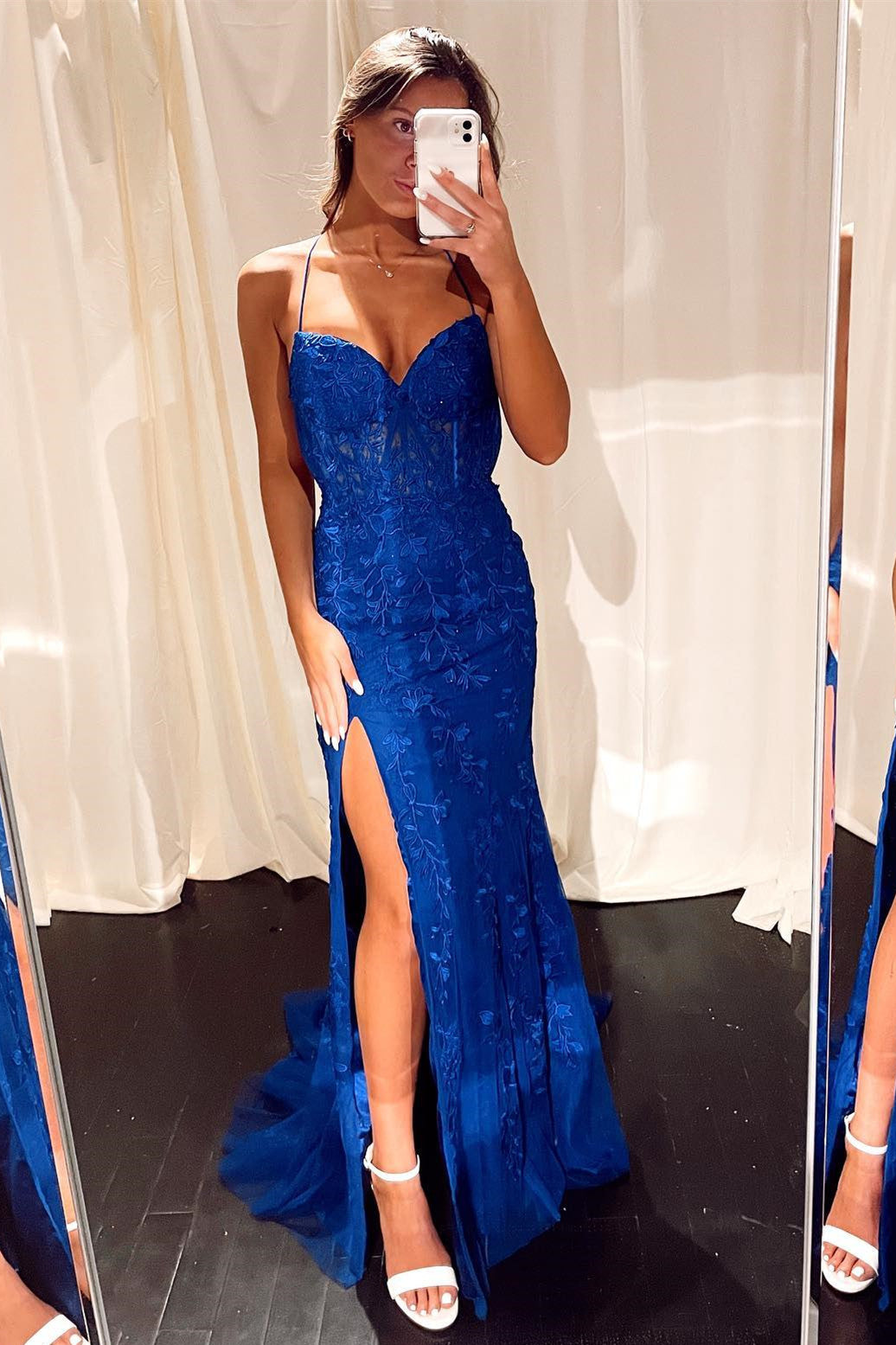 Mermaid Straps Royal Blue Slit Long Prom Dress with Appliques ...