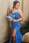 Mermaid Straps Royal Blue Slit Long Prom Dress with Appliques