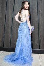 Mermaid Straps Royal Blue Slit Long Prom Dress with Appliques