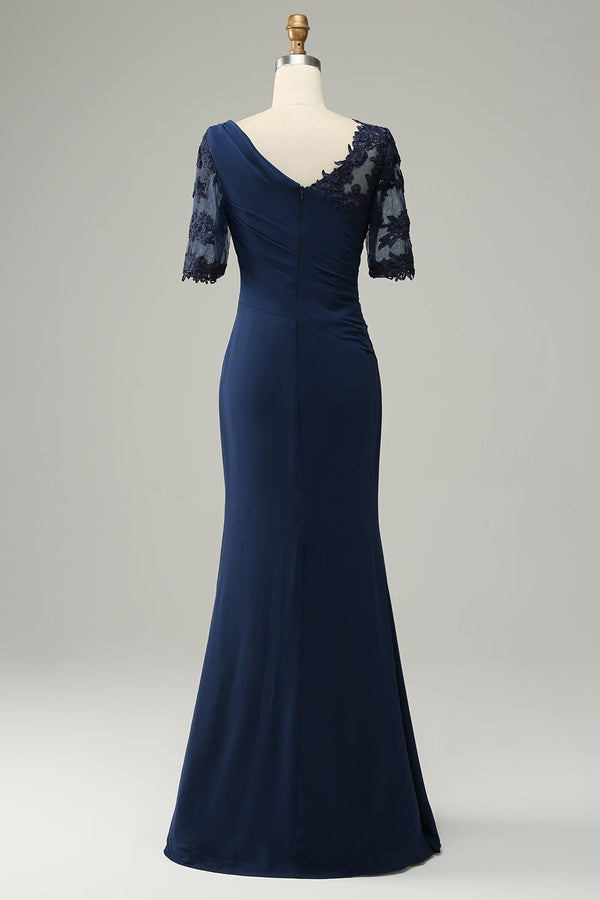 Navy Blue Appliques Ruffle 1/2 Sleeves Long Mother of the Bride/Groom