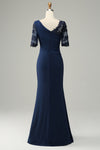 Ink Blue Appliques Ruffle Short Sleeves Long Mother of the Bride/Groom Dress