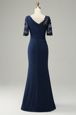 Ink Blue Appliques Ruffle Short Sleeves Long Mother of the Bride/Groom Dress