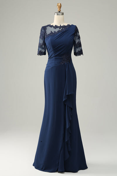 Ink Blue Appliques Ruffle Short Sleeves Long Mother of the Bride/Groom Dress