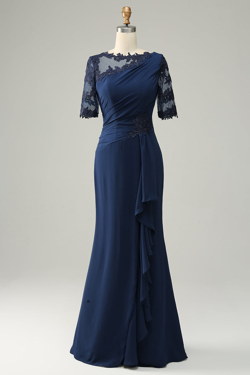 Ink Blue Appliques Ruffle Short Sleeves Long Mother of the Bride/Groom Dress