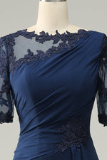 Ink Blue Appliques Ruffle Short Sleeves Long Mother of the Bride/Groom Dress