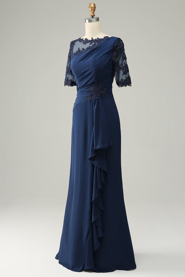 navy blue dresses for mother of the groom Elegant V-Neck Half Sleeves Chiffon Bride Dress with Applique Elegant and sophisticated Blue Mother of the Bride