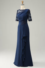 Ink Blue Appliques Ruffle Short Sleeves Long Mother of the Bride/Groom Dress