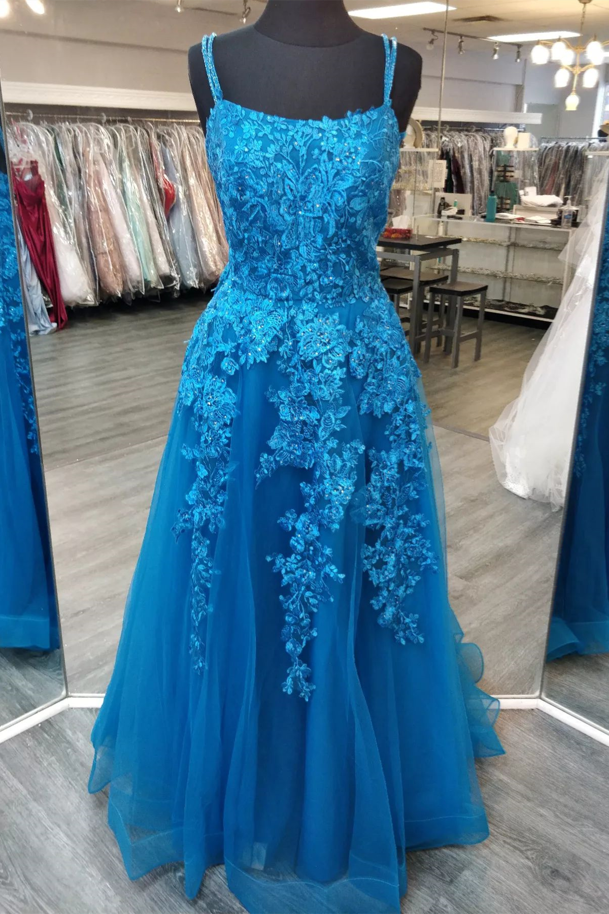 Blue Double Straps Appliques Tulle Long Prom Dress