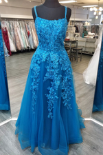 Blue Double Straps Appliques Tulle Long Prom Dress