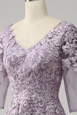 Lavender V Neck 3/4 Sleeves Appliques Chiffon Long Mother of the Bride Dress