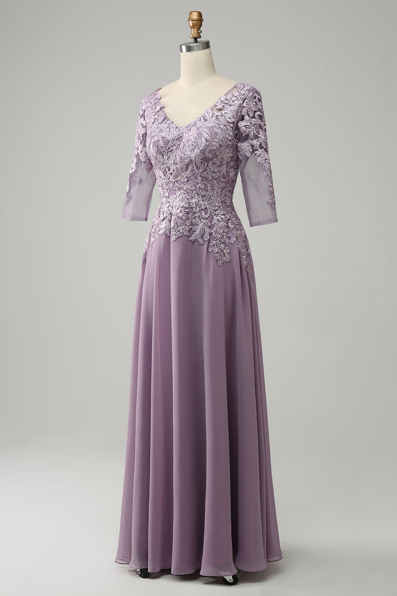 Lavender V Neck 3/4 Sleeves Appliques Chiffon Long Mother of the Bride Dress