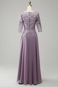 Lavender V Neck 3/4 Sleeves Appliques Chiffon Long Mother of the Bride Dress